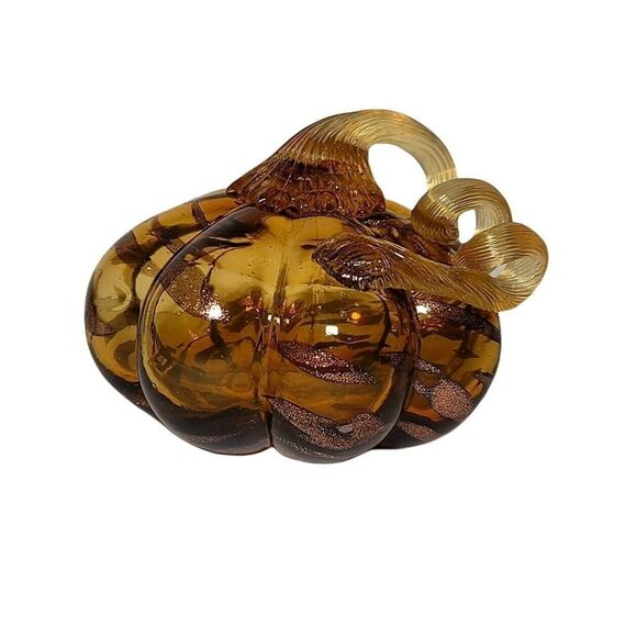 Hand Blown Art Glass Gourd Pumpkin Amber Curly Stem Gold Streaks Halloween Fall - Picture 1 of 7